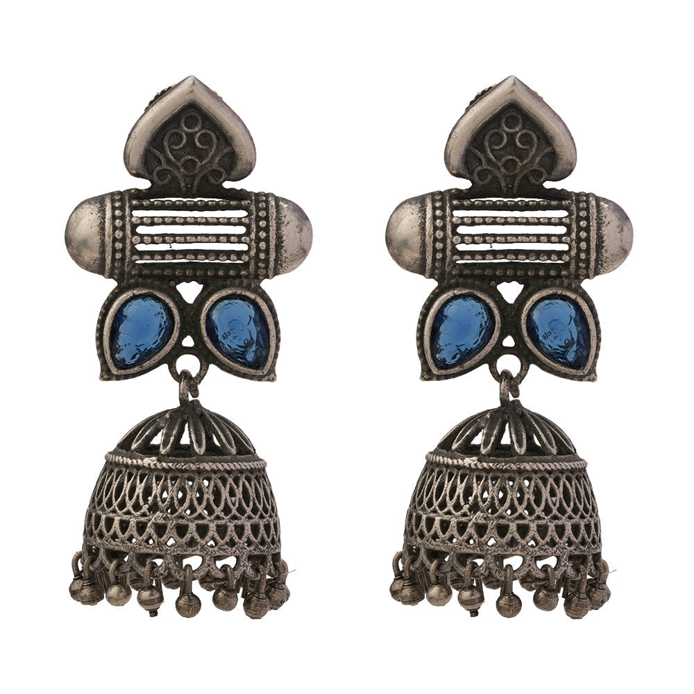 Taal- Silver Brass Oxidised jhumka earrings(Blue)
