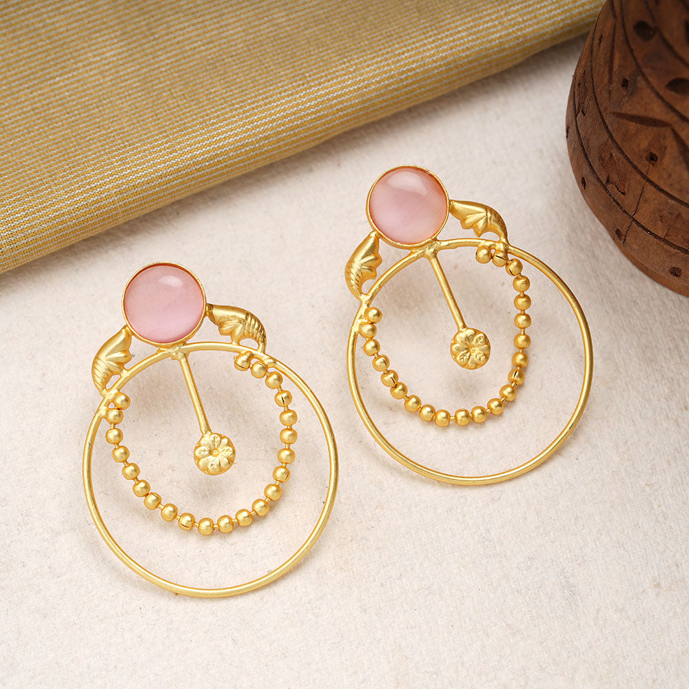 Darshini- Stone Studded Golden Framed Earrings(Baby Pink)