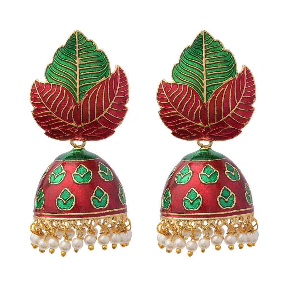 Riva- Hanging Pearls Enameled Jhumka Earrings(Multicolored)