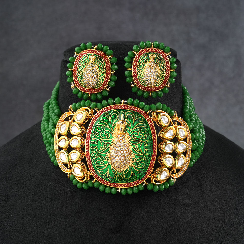 Tanira- Stone studded neckpiece set(Green)
