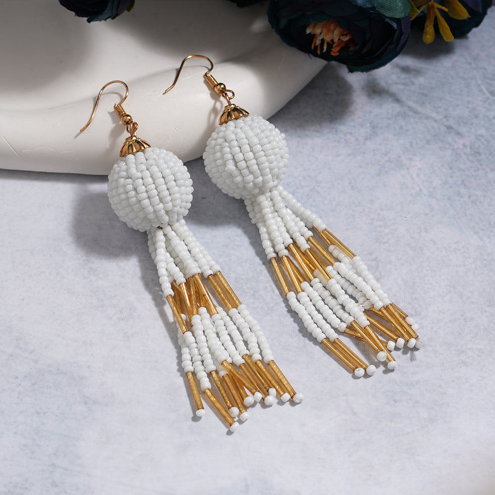 Beaded Ball- Bead studded dangler earrings (White)