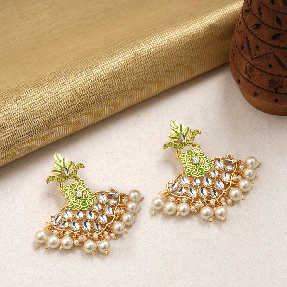 Tara – Stone-Studded Hanging Pearl Dangler Earrings (Green)