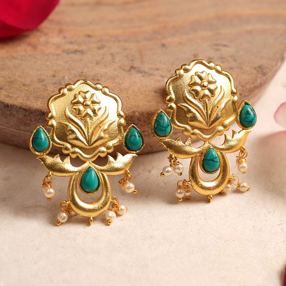 Ritika- Stone Studded Hanging Pearls Stud Earrings(Green)