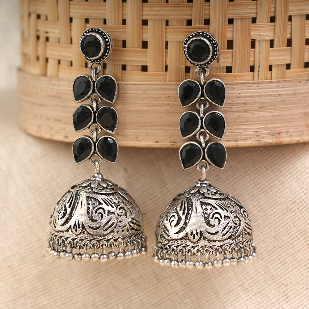 Shyamika- Silver Brass Oxidised Jhumka Earrings(Black)