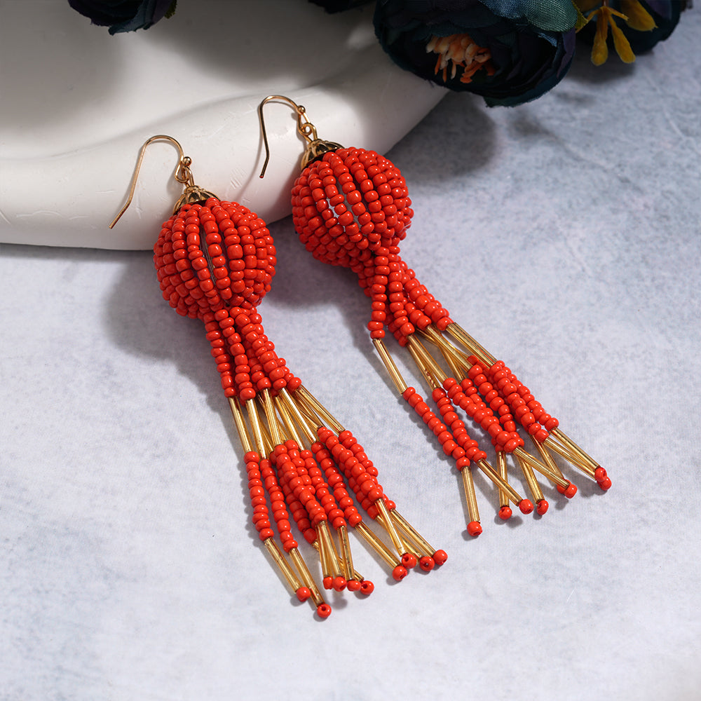 Beaded Ball- Bead studded dangler earrings (Red)