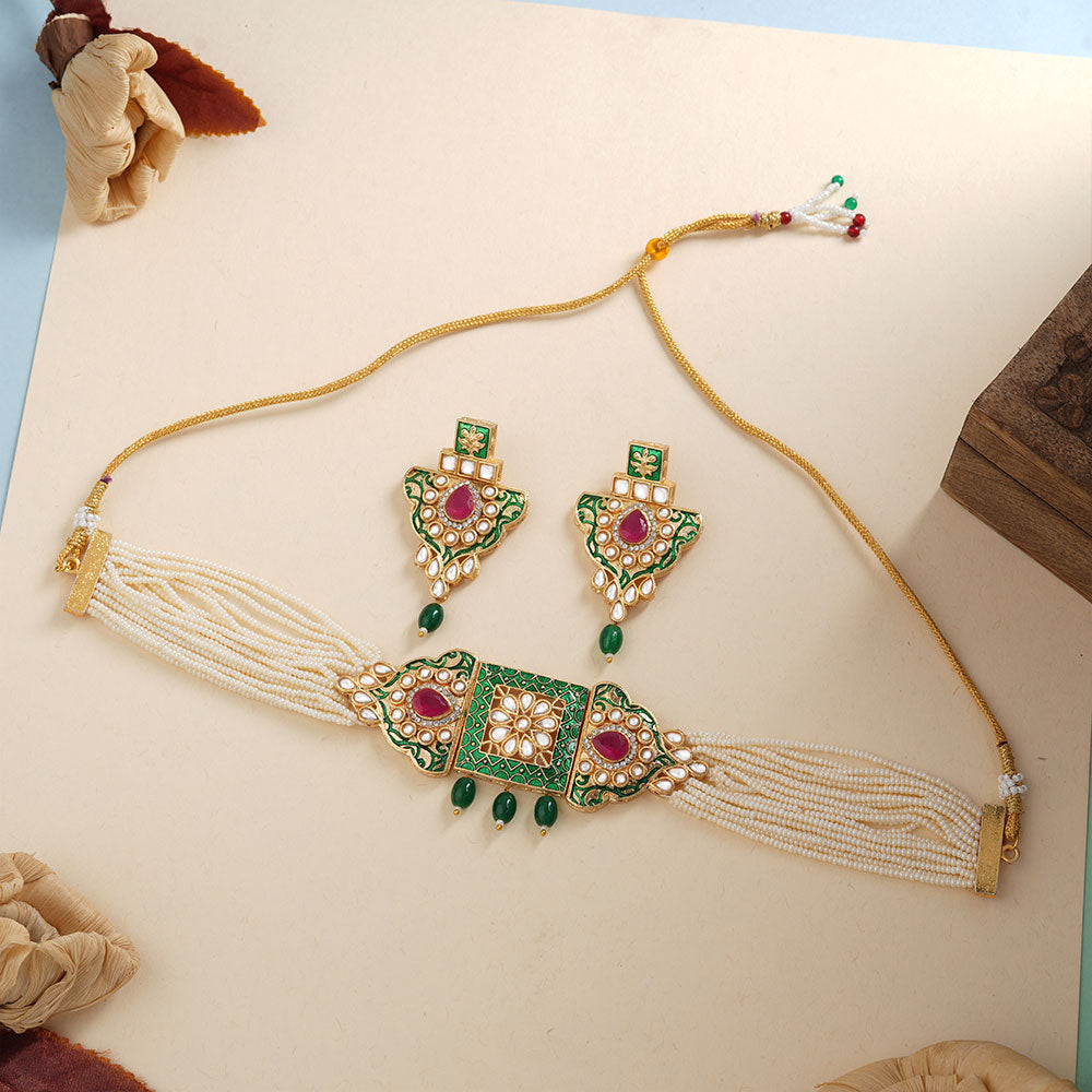Anaira- Stone studded neckpiece set(Green)