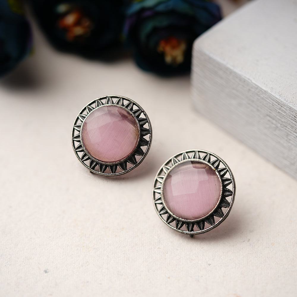 Manikya- Silver Brass Stone-Studded Stud Earrings(Pink)