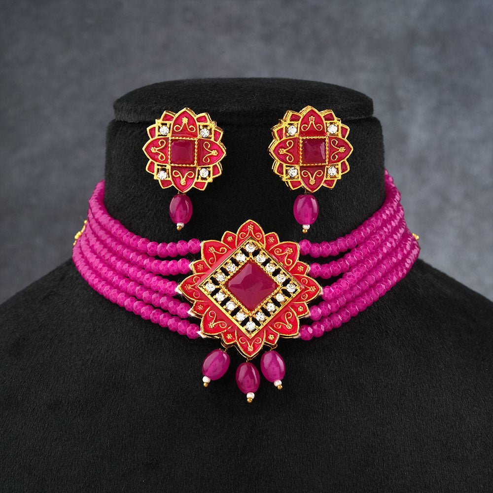 Iyana- Stone studded Neckpiece set(Dark Pink)