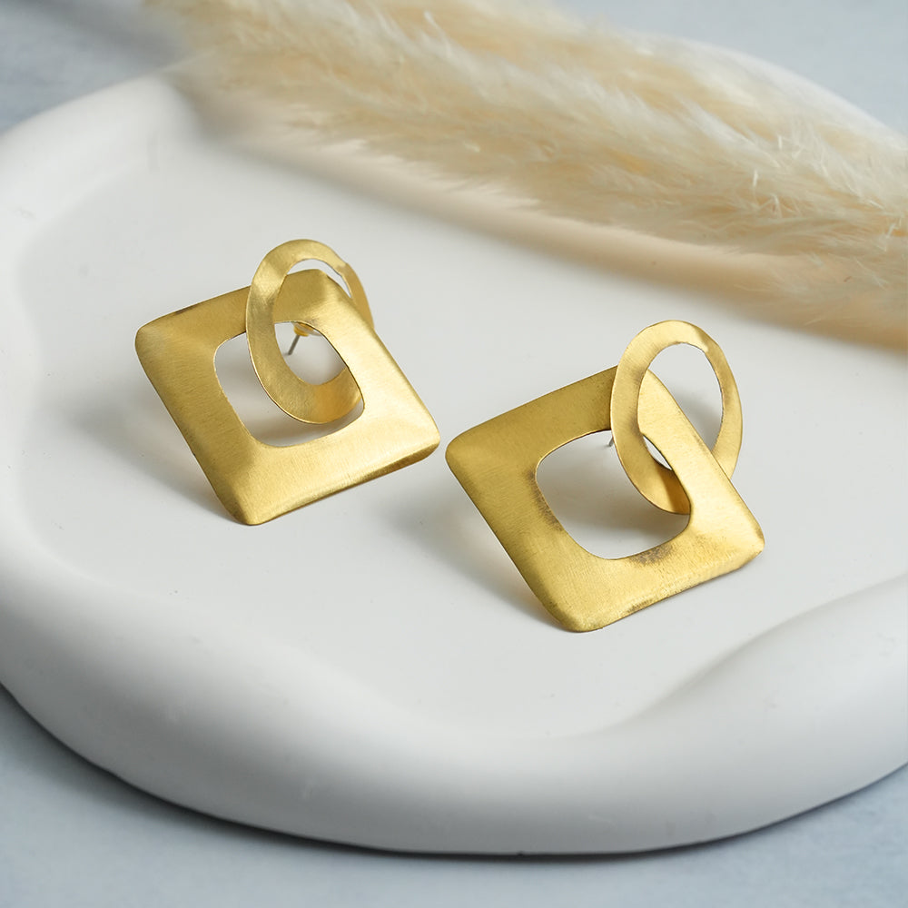 Square Halo- Golen Dangler Earrings