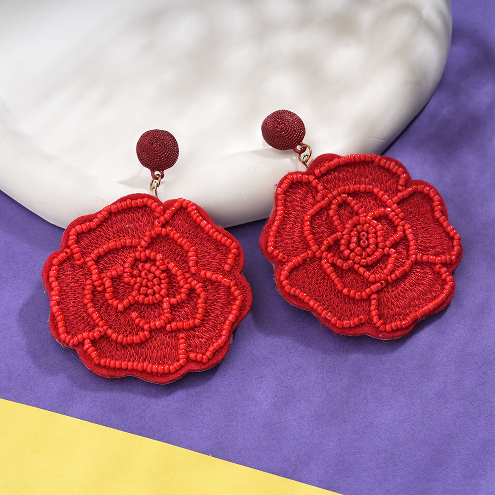 Beady Flower- Beaded rose dangler earrings(Red)