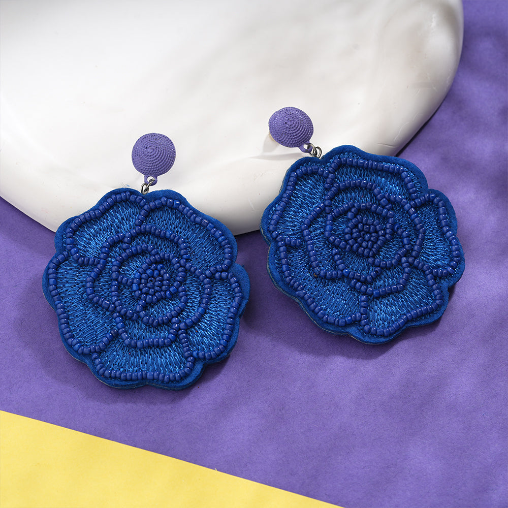 Beady Flower- Beaded rose dangler earrings(Blue)