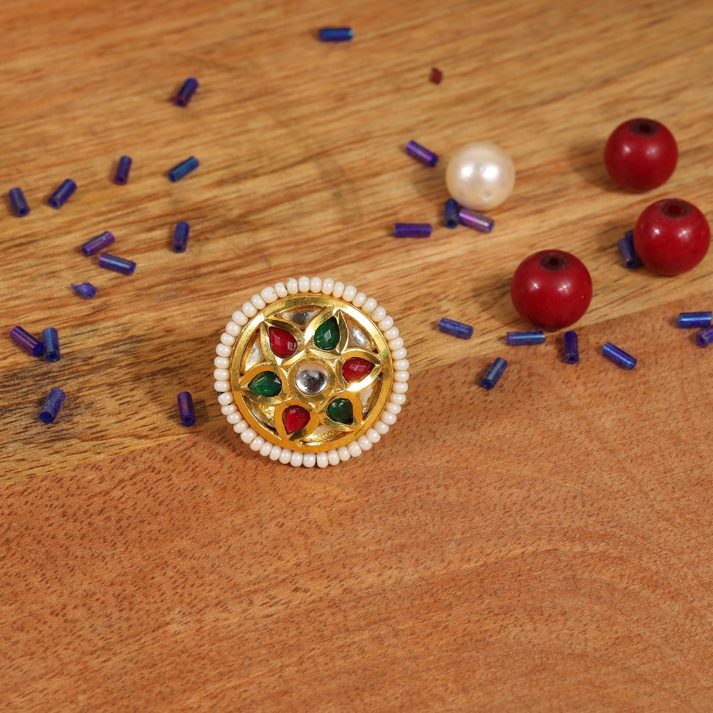 Chandrika- Golden Carved Pearl Framed Adjustable Ring