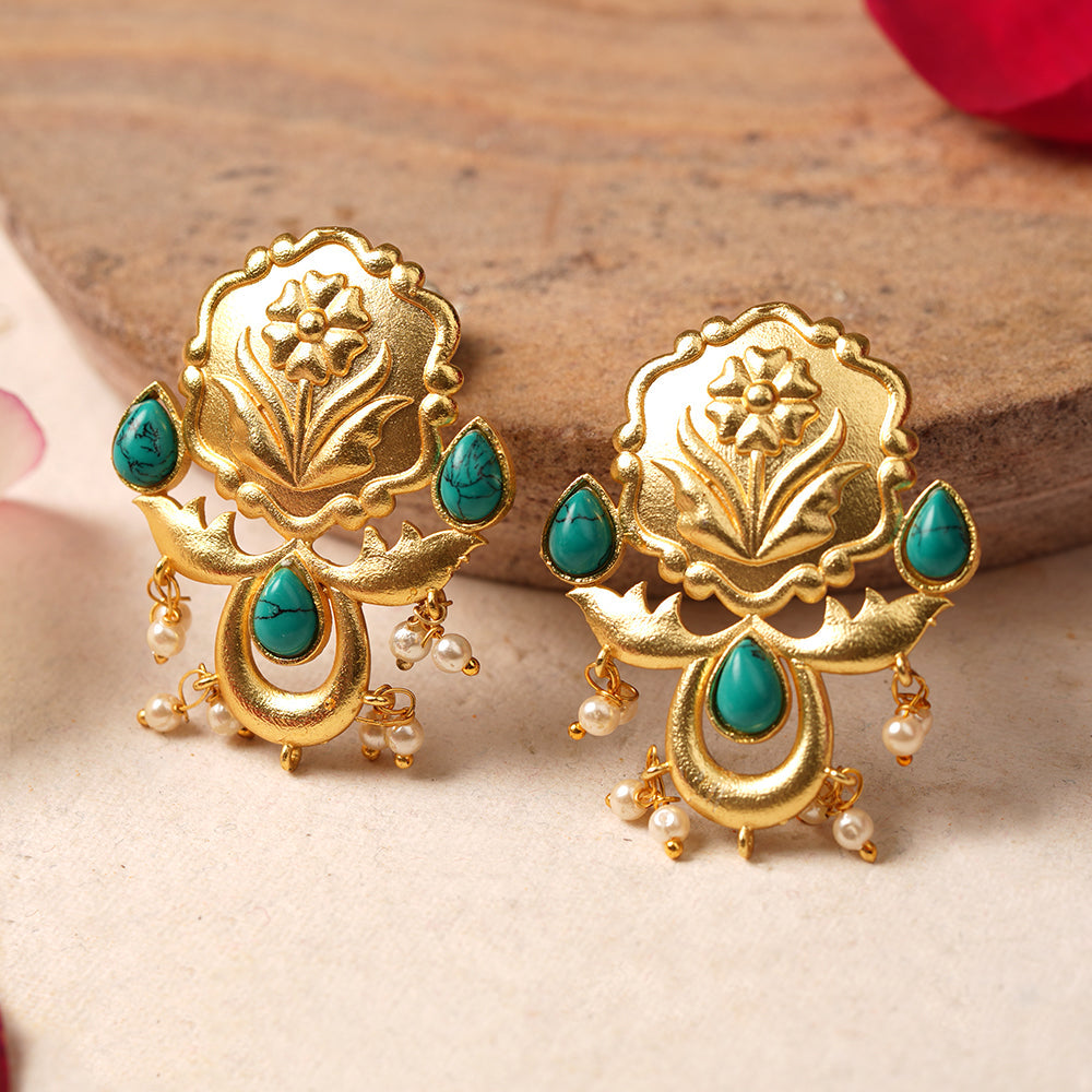 Ritika- Stone Studded Hanging Pearls Stud Earrings(Green)