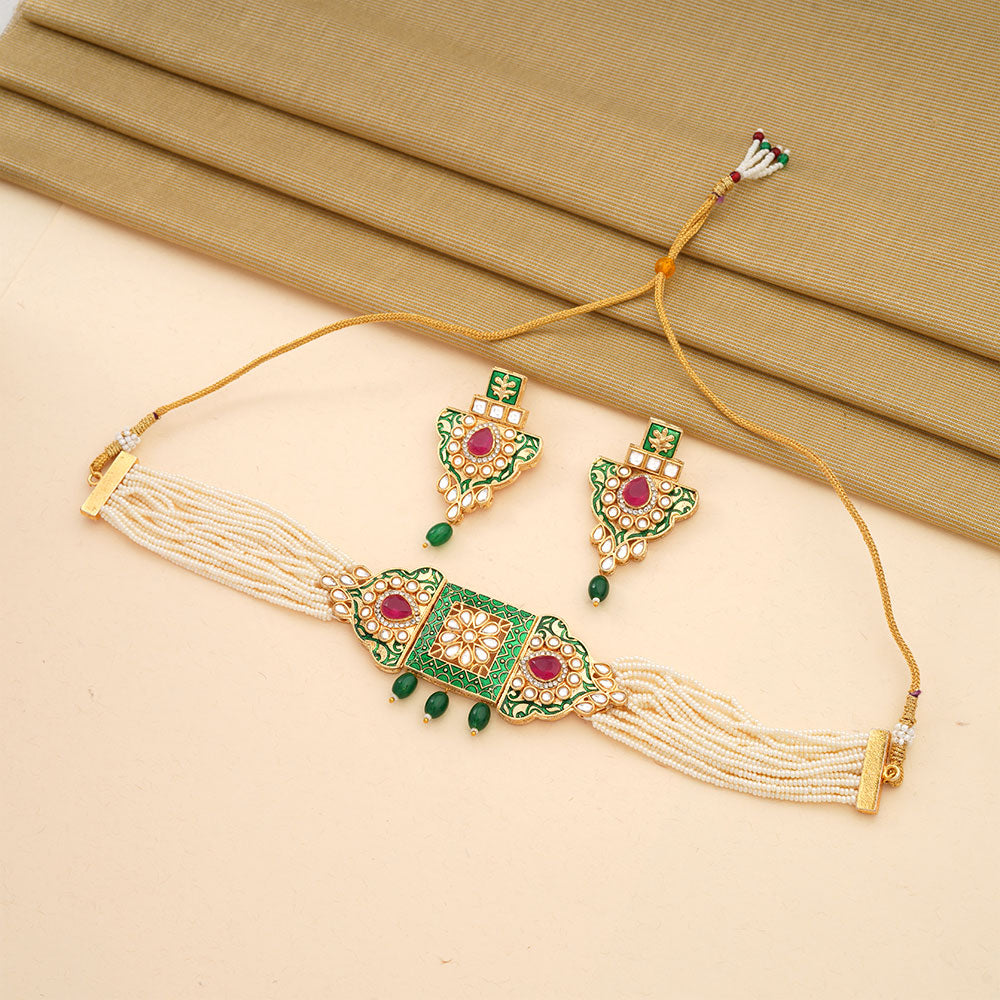 Anaira- Stone studded neckpiece set(Green)