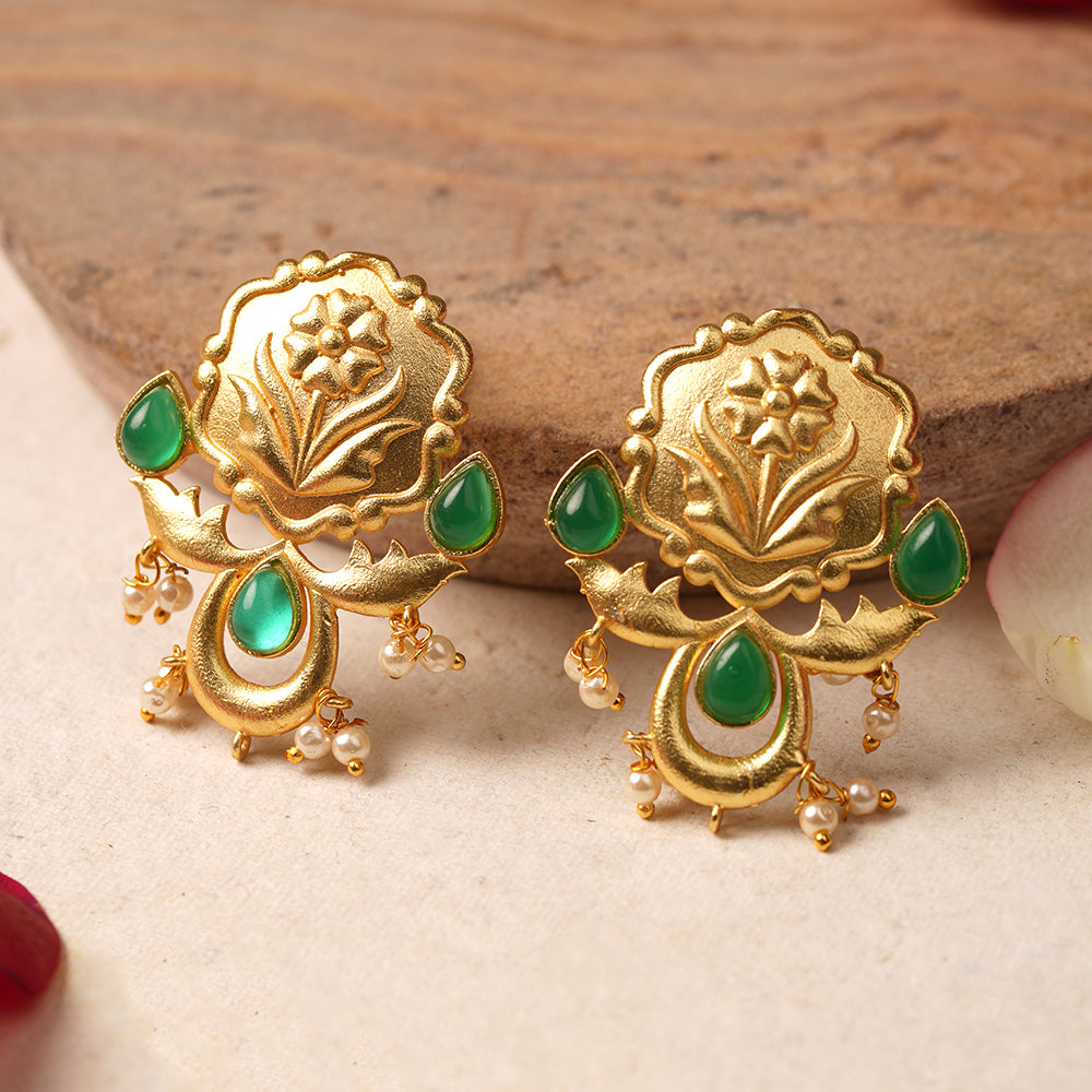 Ritika- Stone Studded Hanging Pearls Stud Earrings(Dark Green)