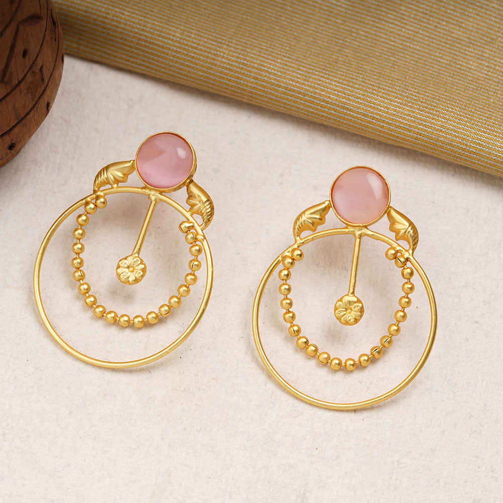 Darshini- Stone Studded Golden Framed Earrings(Baby Pink)