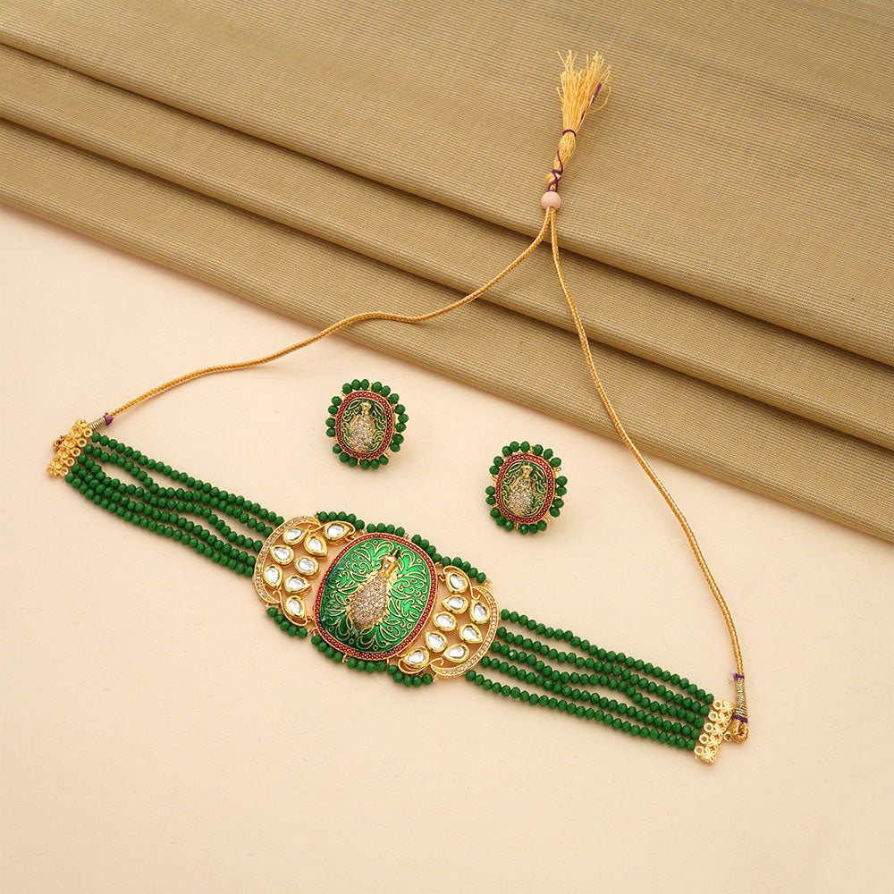 Tanira- Stone studded neckpiece set(Green)