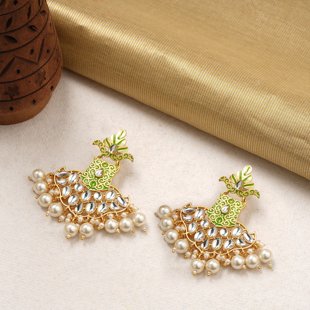 Tara – Stone-Studded Hanging Pearl Dangler Earrings (Green)