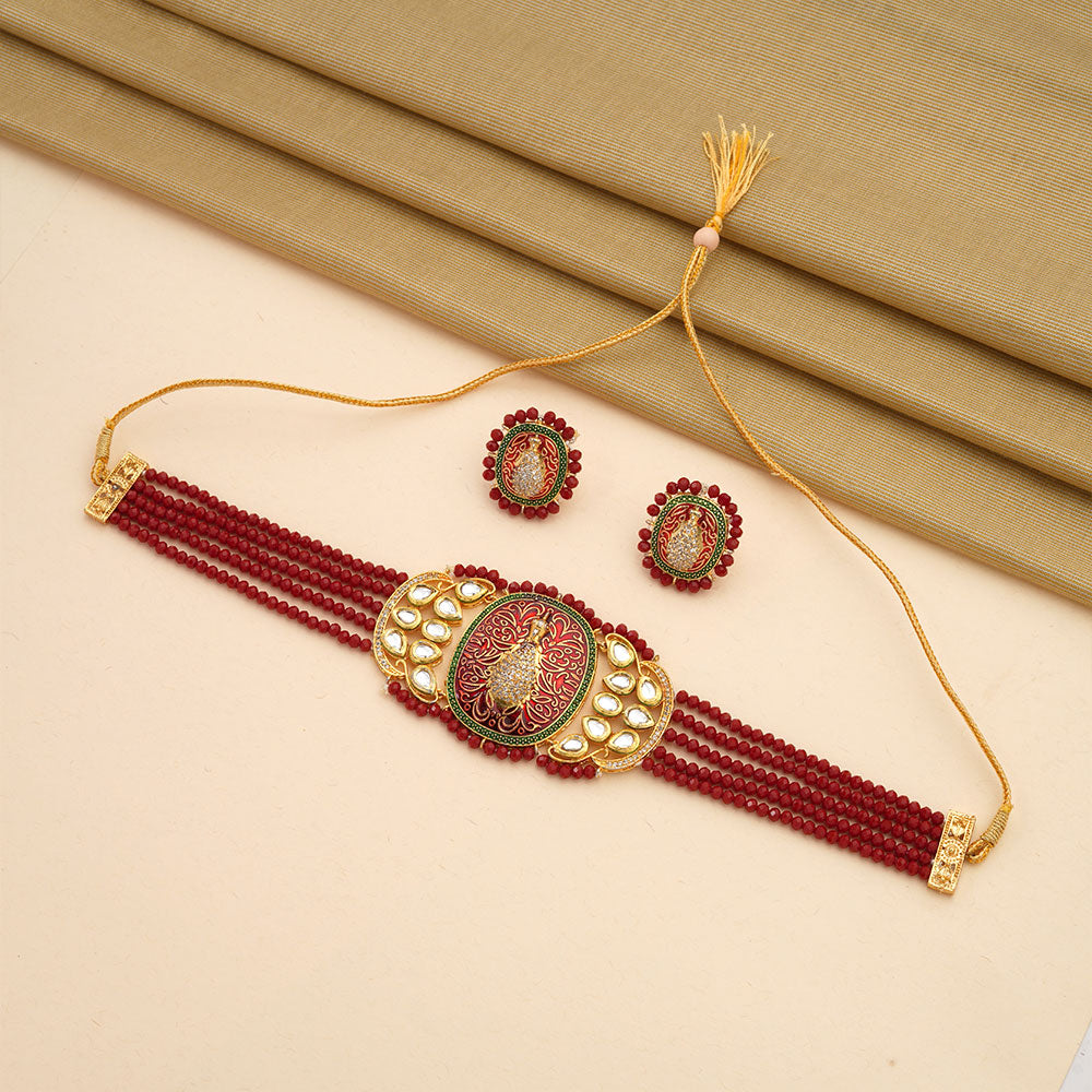 Tanira- Stone studded neckpiece set(Dark Red)