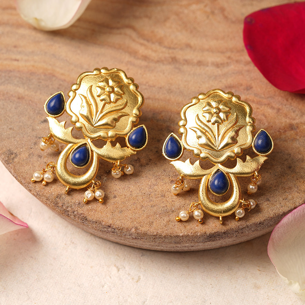 Ritika- Stone Studded Hanging Pearls Stud Earrings(Blue)