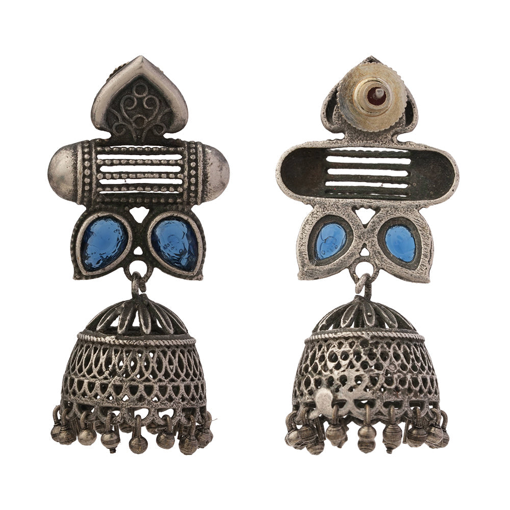 Taal- Silver Brass Oxidised jhumka earrings(Blue)