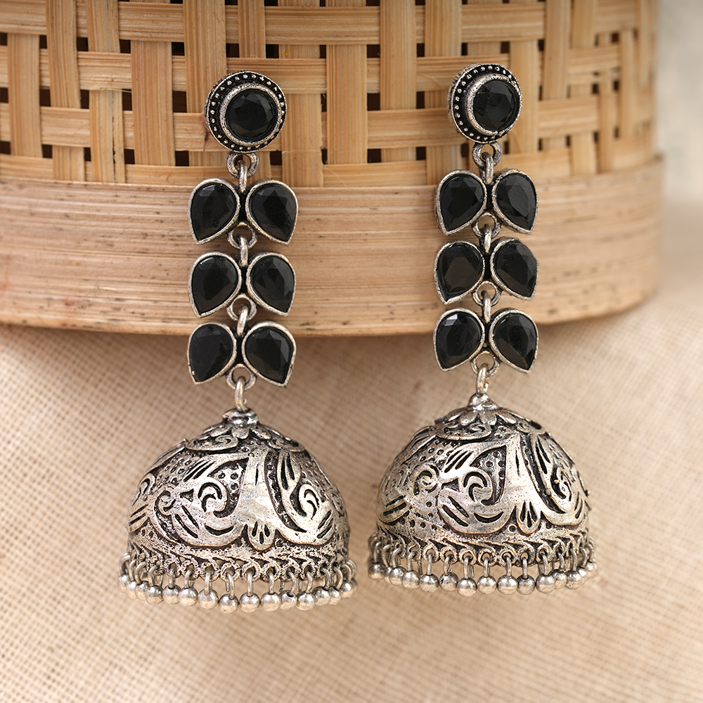 Shyamika- Silver Brass Oxidised Jhumka Earrings(Black)