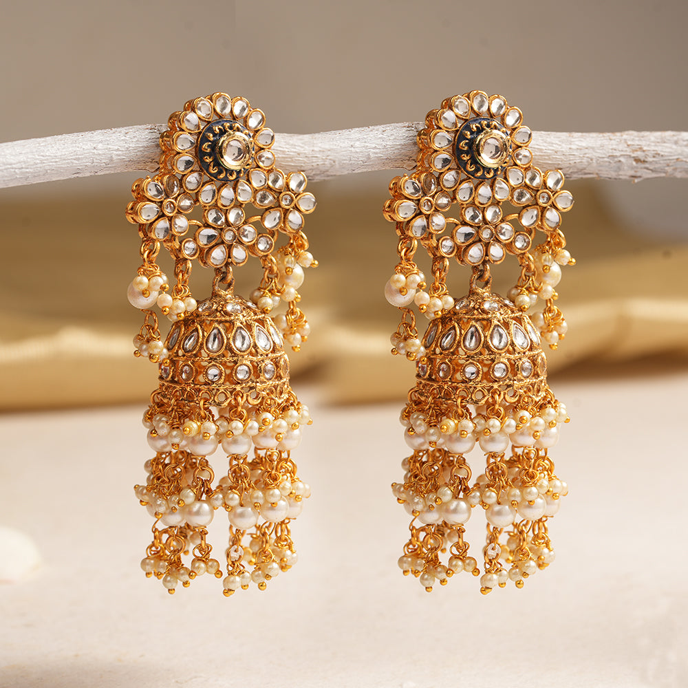 Maira- Stone Studded Hanging Pearl Jhumka Earrings