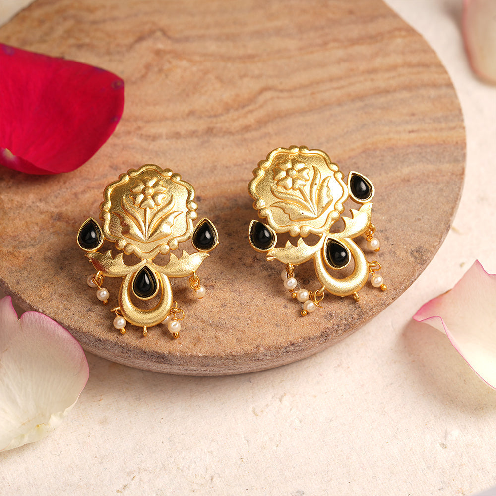 Ritika- Stone Studded Hanging Pearls Stud Earrings(Black)