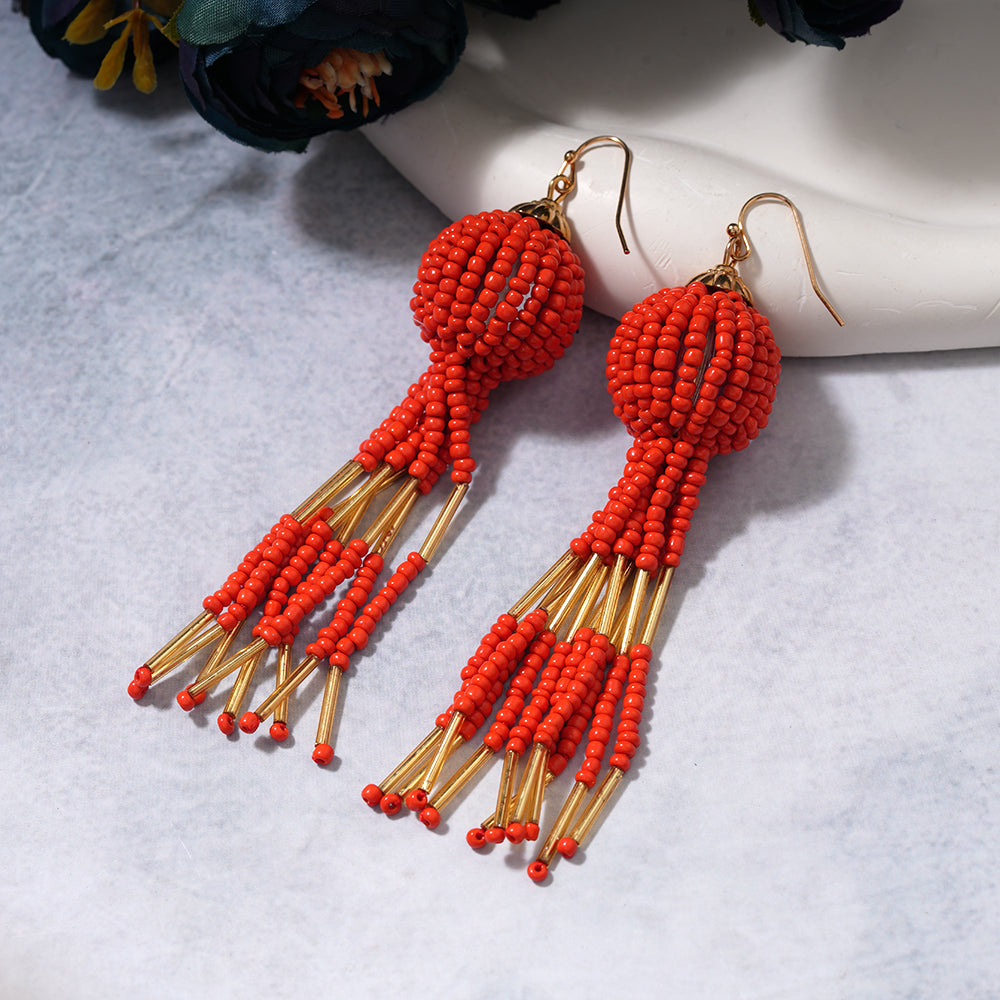 Beaded Ball- Bead studded dangler earrings (Red)