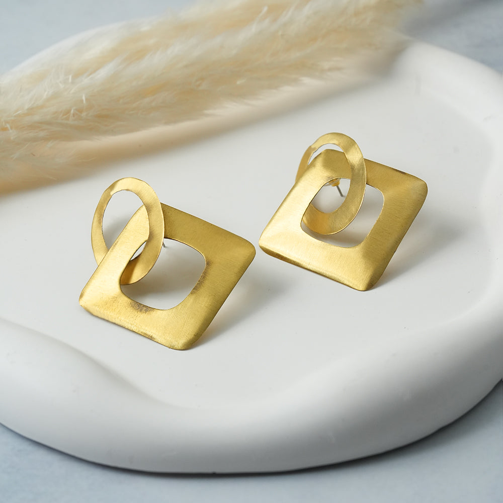 Square Halo- Golen Dangler Earrings