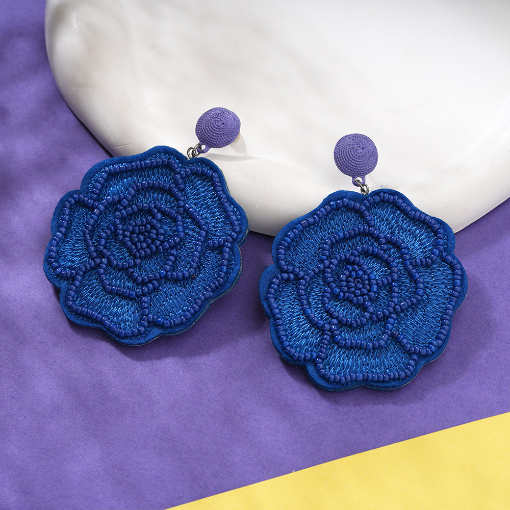 Beady Flower- Beaded rose dangler earrings(Blue)