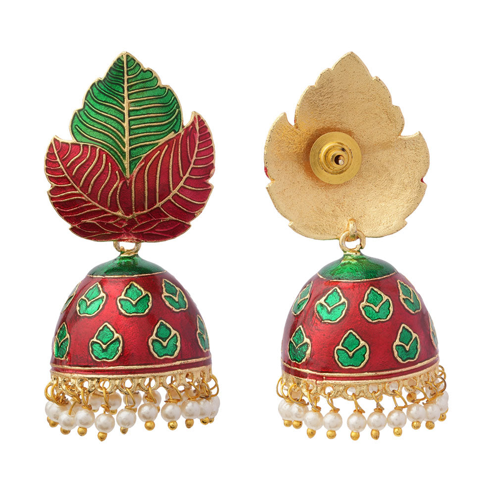 Riva- Hanging Pearls Enameled Jhumka Earrings(Multicolored)