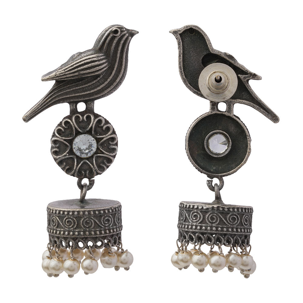 Chakori- Silver Brass Oxidised Jhumka Earrings(White)