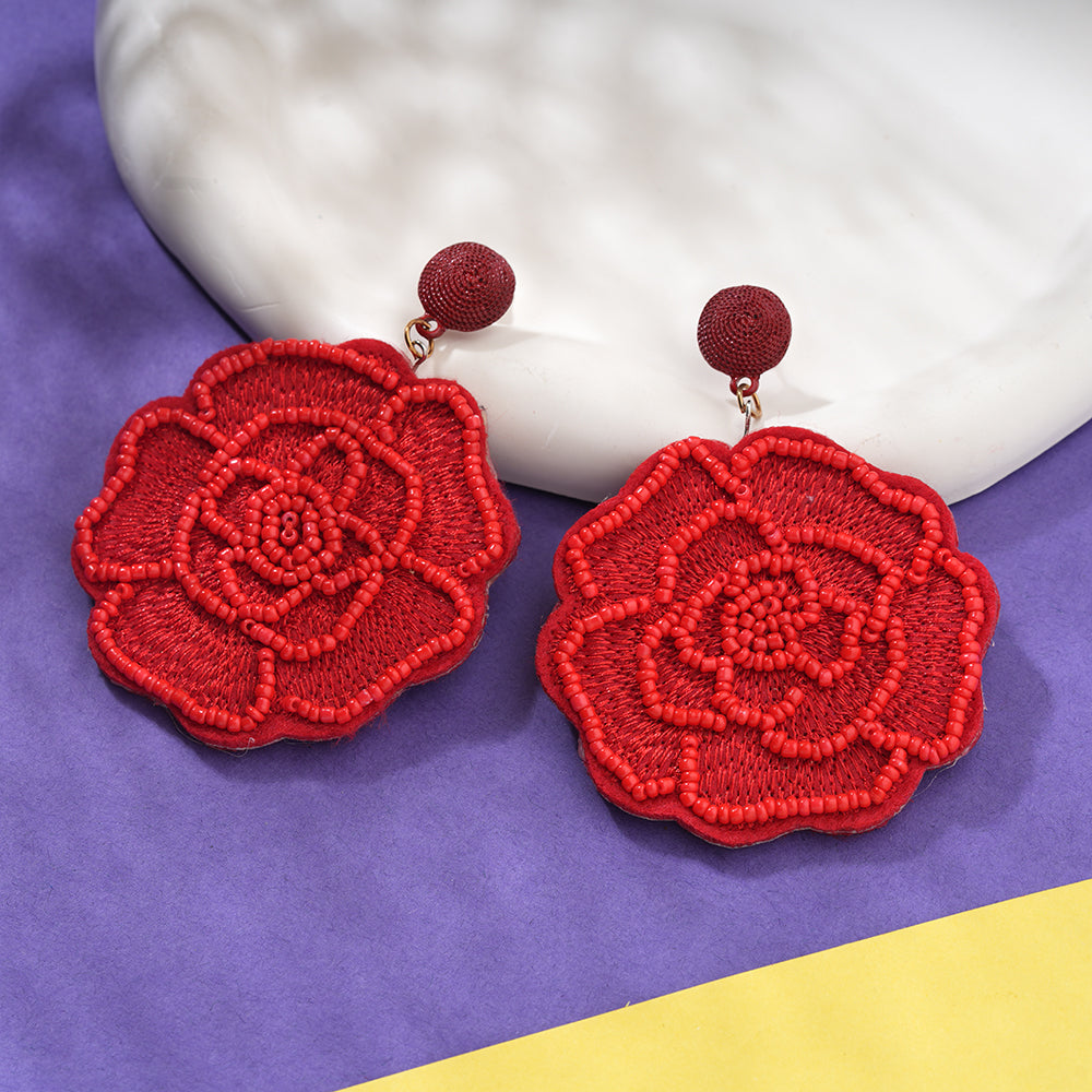 Beady Flower- Beaded rose dangler earrings(Red)