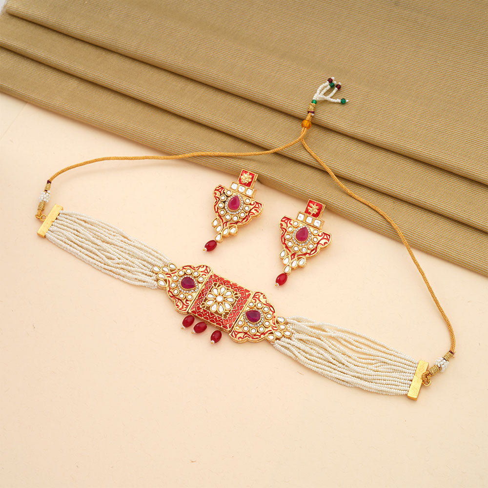 Anaira- Stone studded neckpiece set(Red)