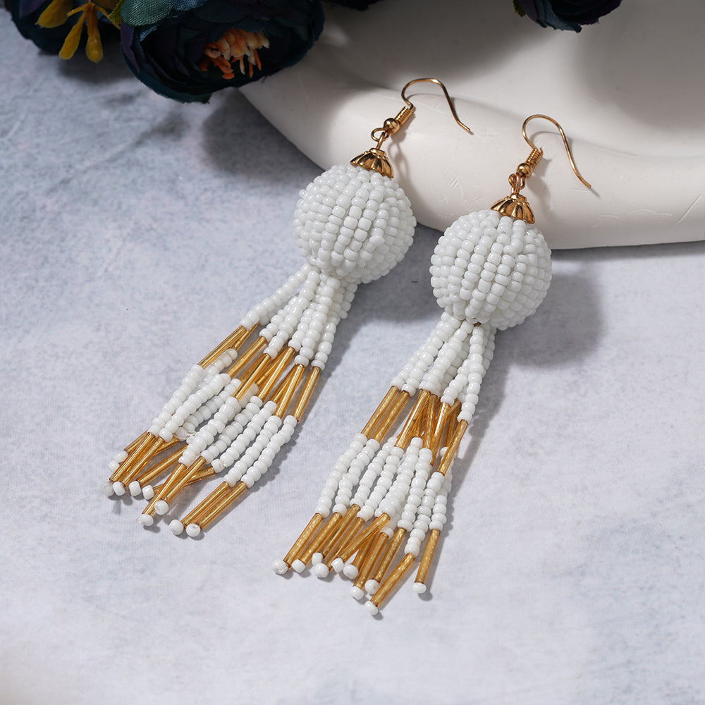 Beaded Ball- Bead studded dangler earrings (White)