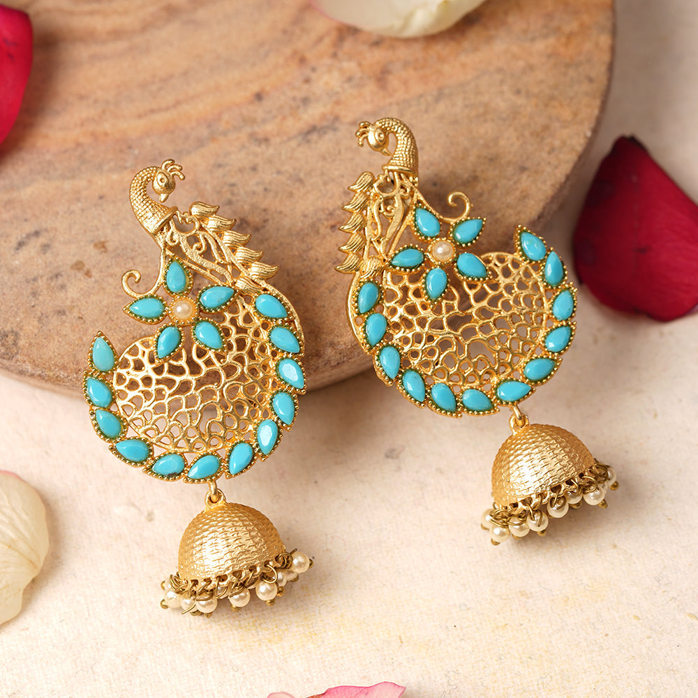 Prisha- Stone Studded Hanging Pearl Jhumki Earrings(Sky Blue)