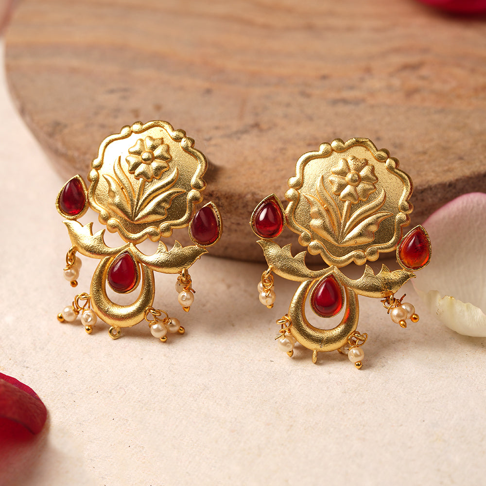 Ritika- Stone Studded Hanging Pearls Stud Earrings(Dark Red)