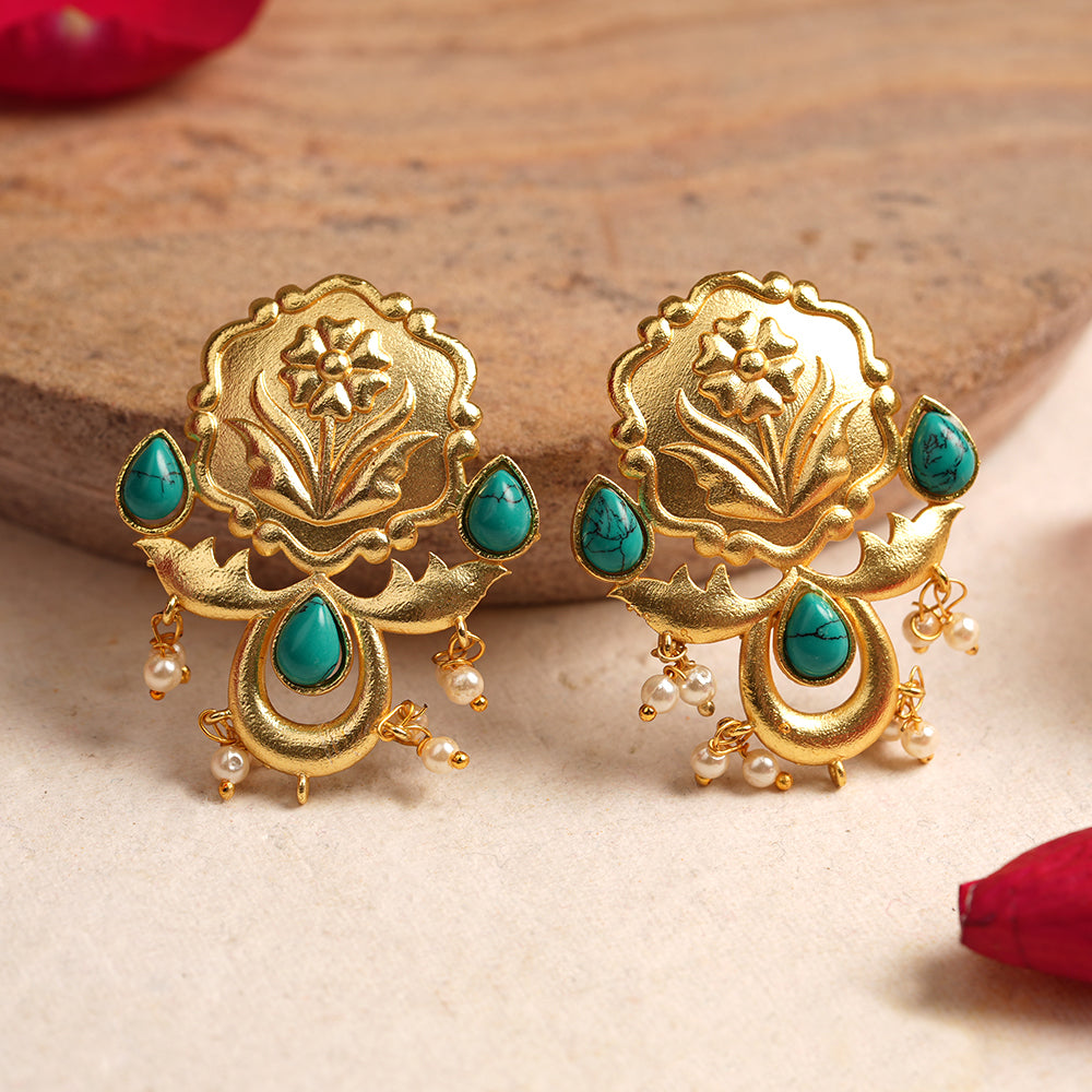 Ritika- Stone Studded Hanging Pearls Stud Earrings(Green)