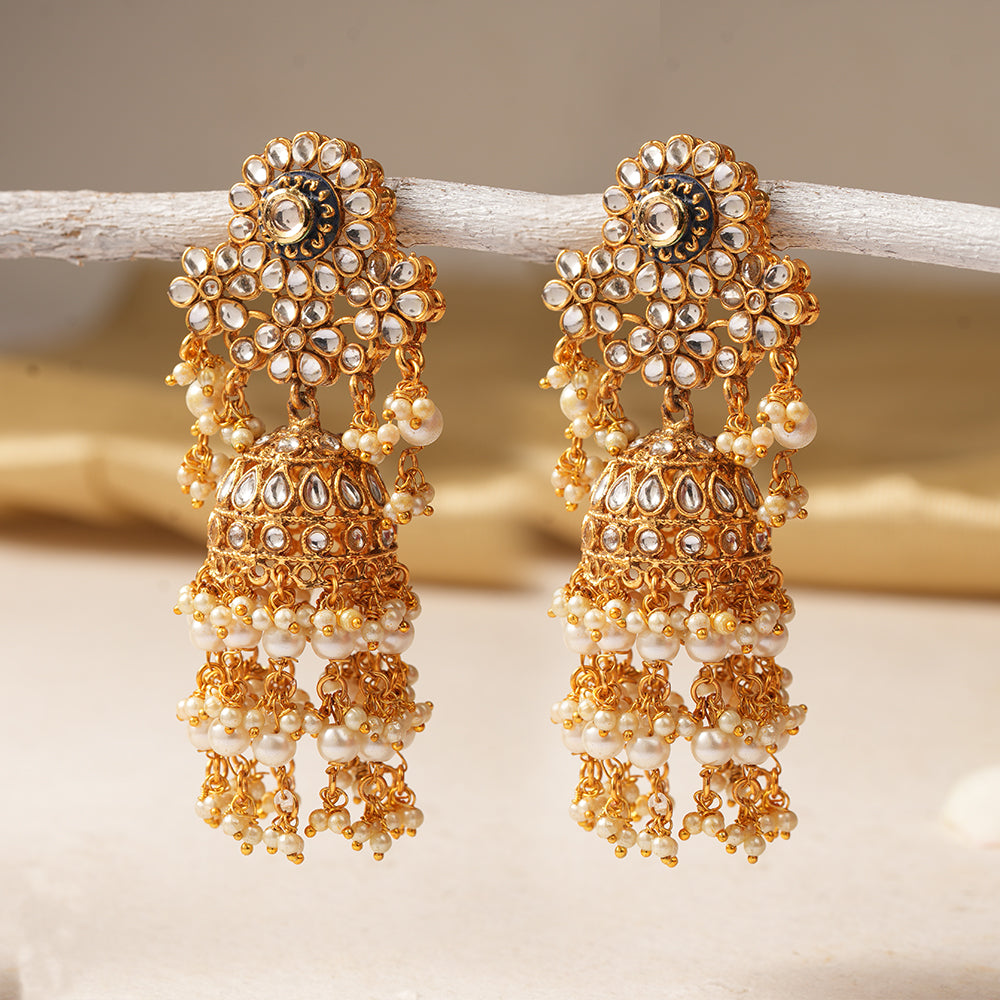 Maira- Stone Studded Hanging Pearl Jhumka Earrings