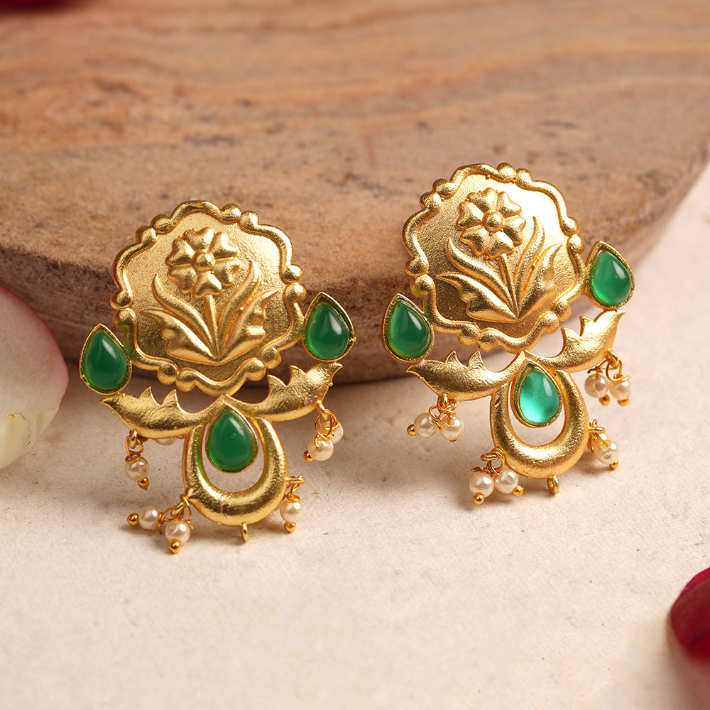 Ritika- Stone Studded Hanging Pearls Stud Earrings(Dark Green)