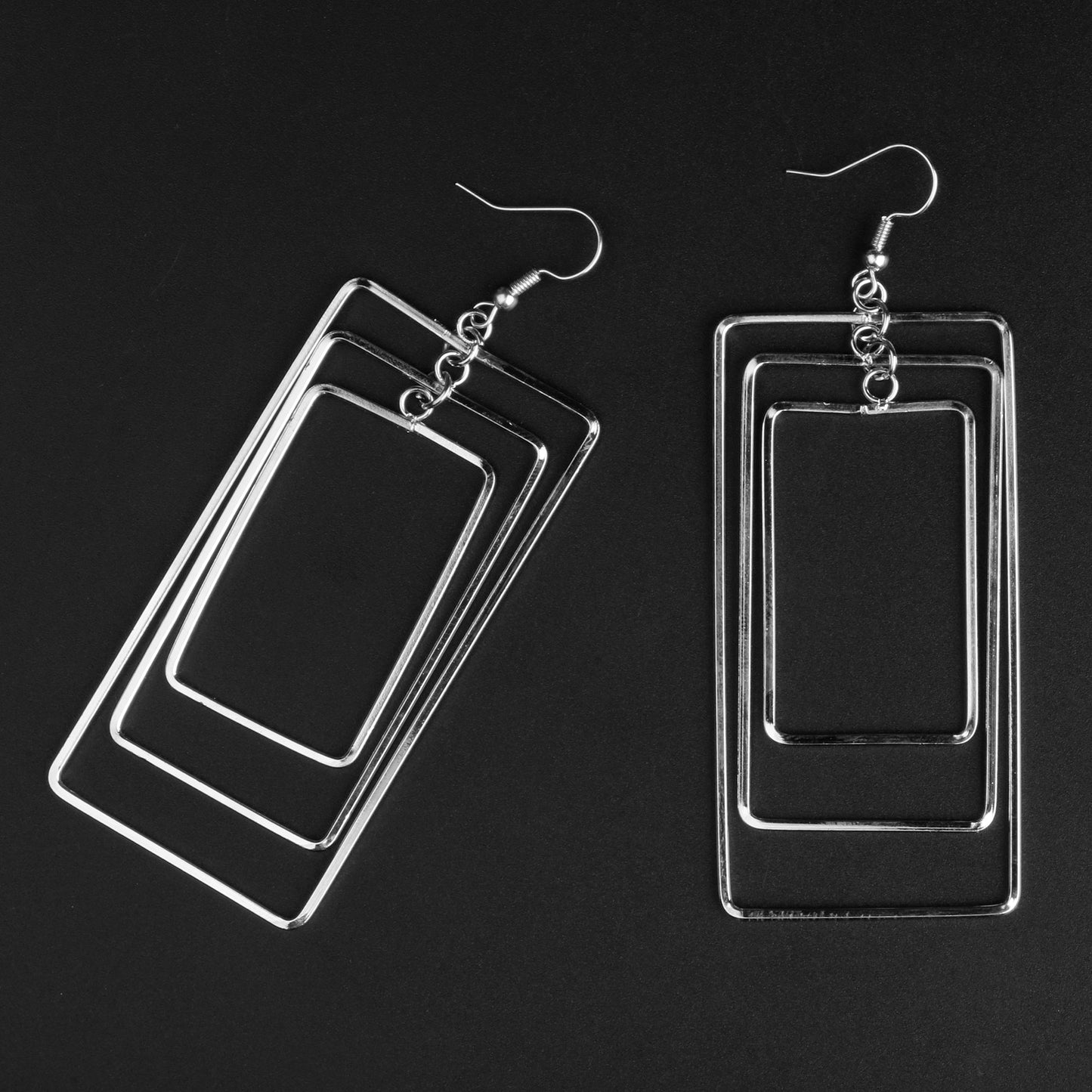 Silver square- Minimal framed dangler earrings