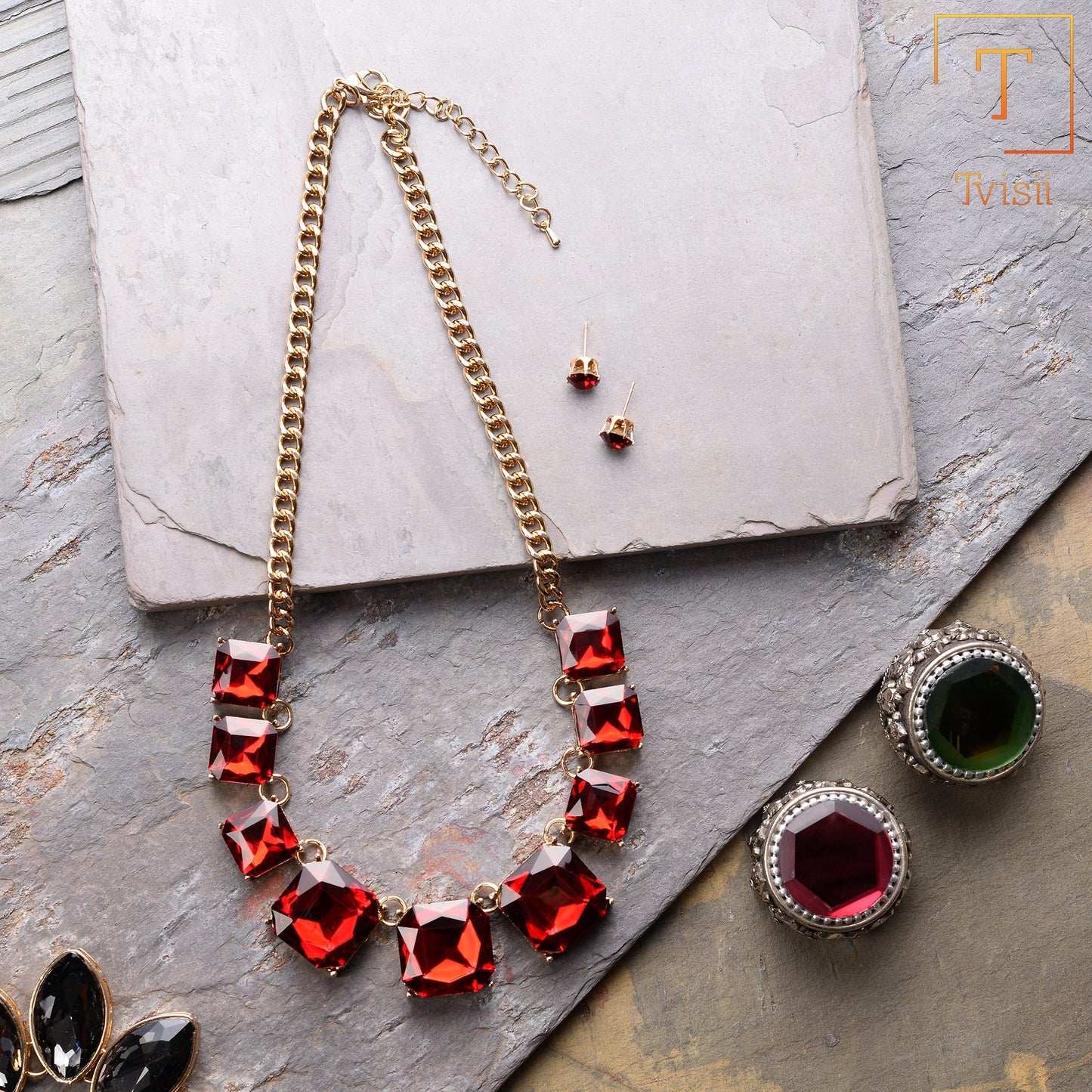 Dazzling Muse- Stone studded statement neckpiece(Red)