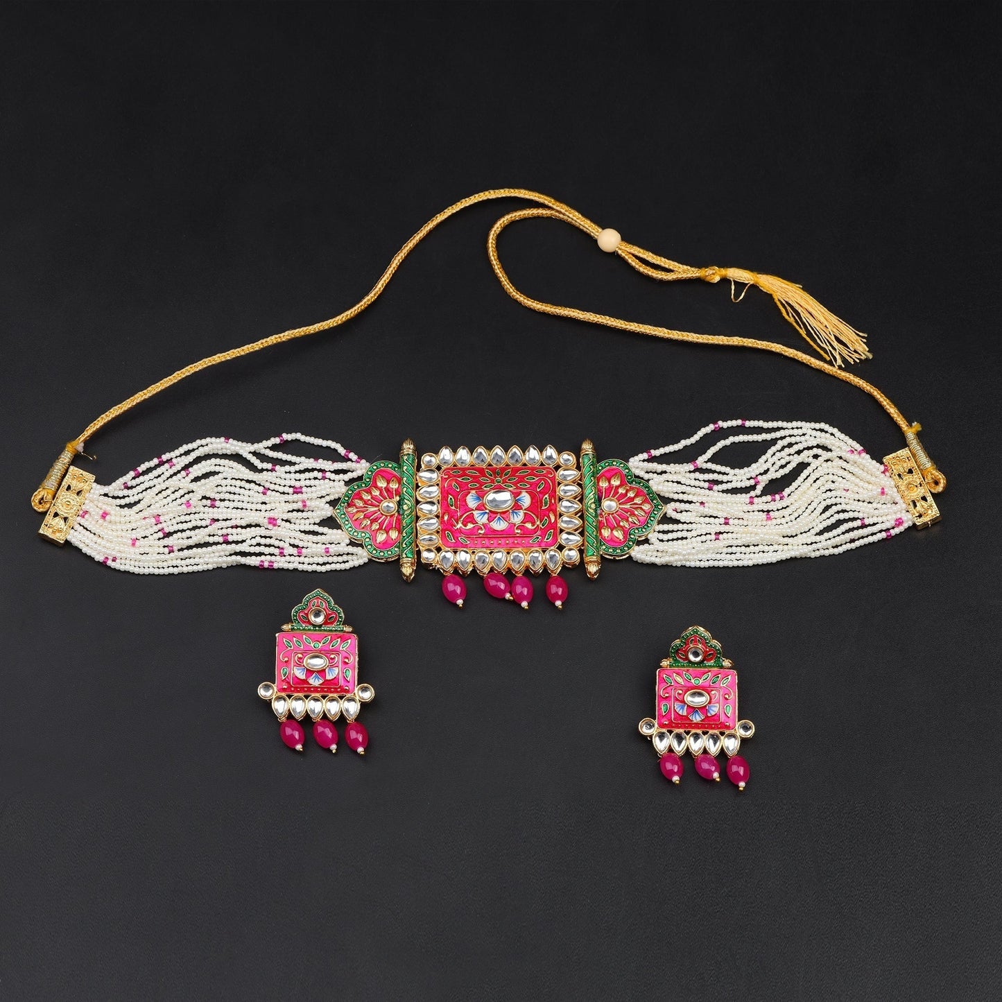 Ishani- Stone Studded Hanging Pearl Beaded Neckpiece Set (Dark Pink)