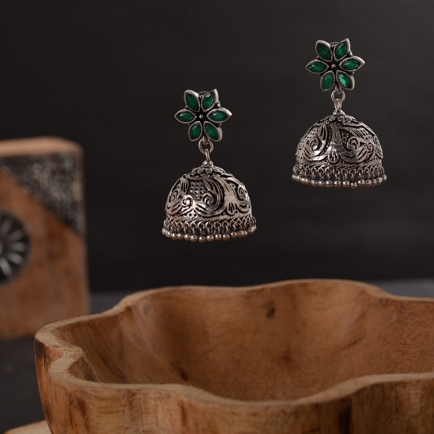 Padmika- Silver Brass Stone-Studded Jhumka Earrings(Green)