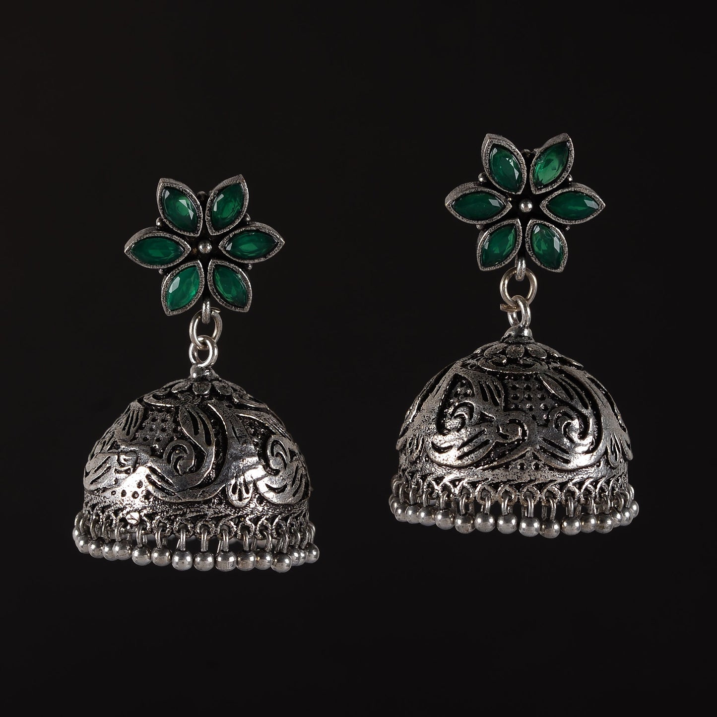 Padmika- Silver Brass Stone-Studded Jhumka Earrings(Green)
