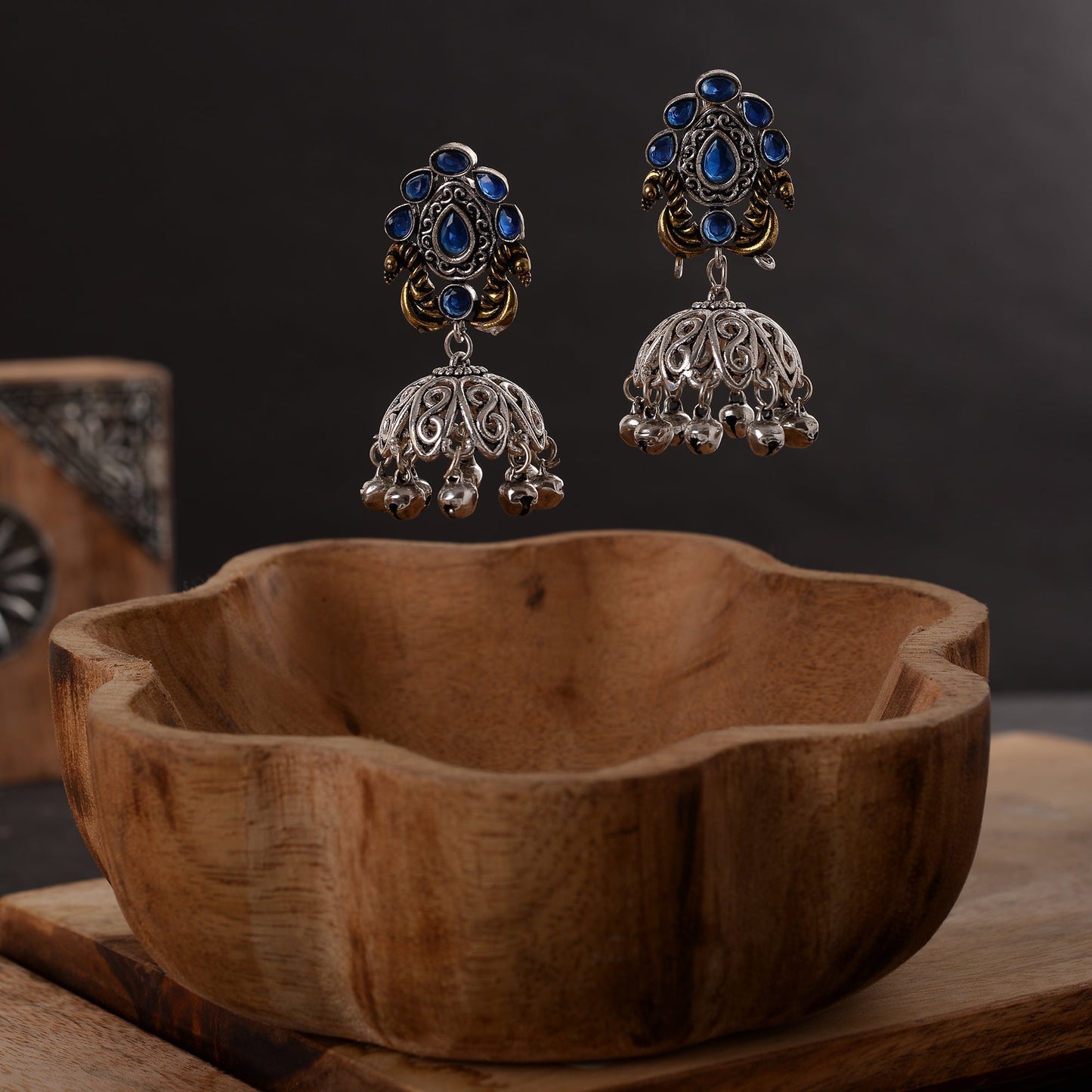 Kusumeyura- Silver Brass Stone-Studded Jhumka Earrings(Blue)