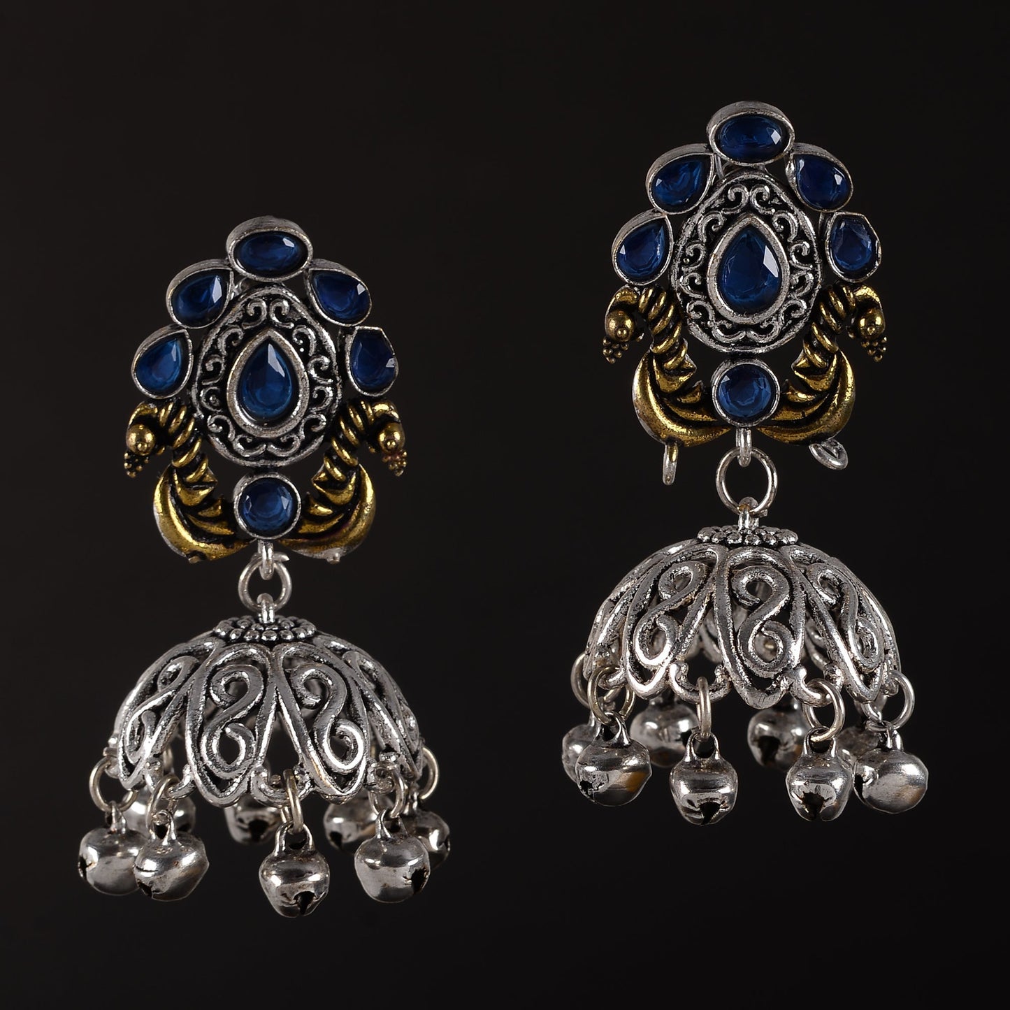 Kusumeyura- Silver Brass Stone-Studded Jhumka Earrings(Blue)