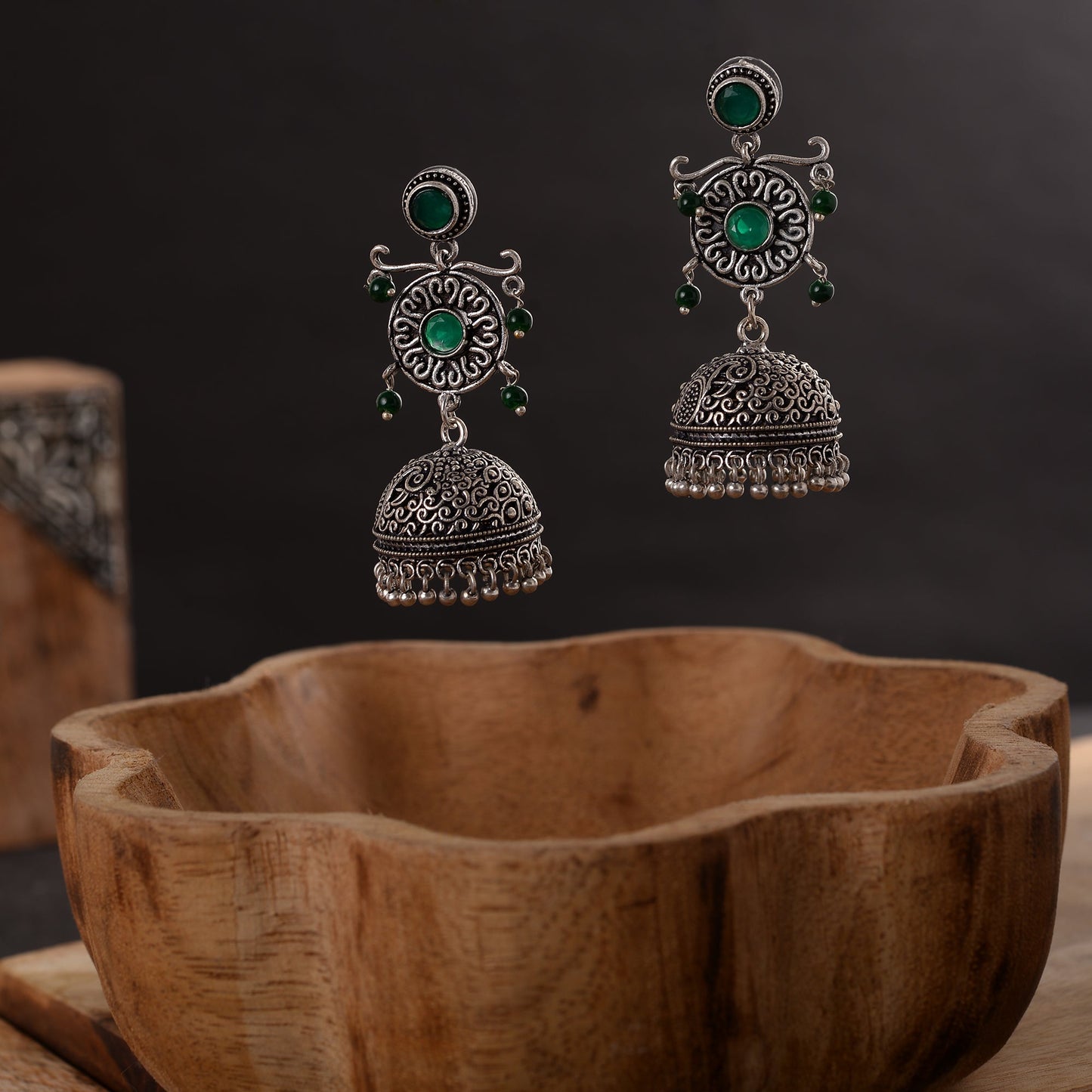 Mallika- Silver Brass Oxidised Jhumka Earrings(Green)