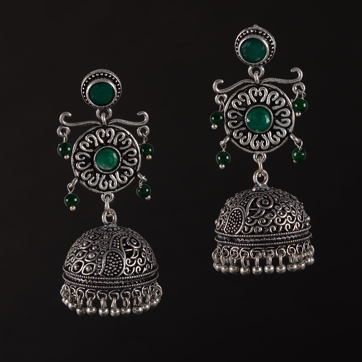 Mallika- Silver Brass Oxidised Jhumka Earrings(Green)